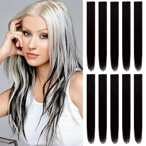 22" Colored Hair Extensions 10 PCS-Black - Picture 1 of 6